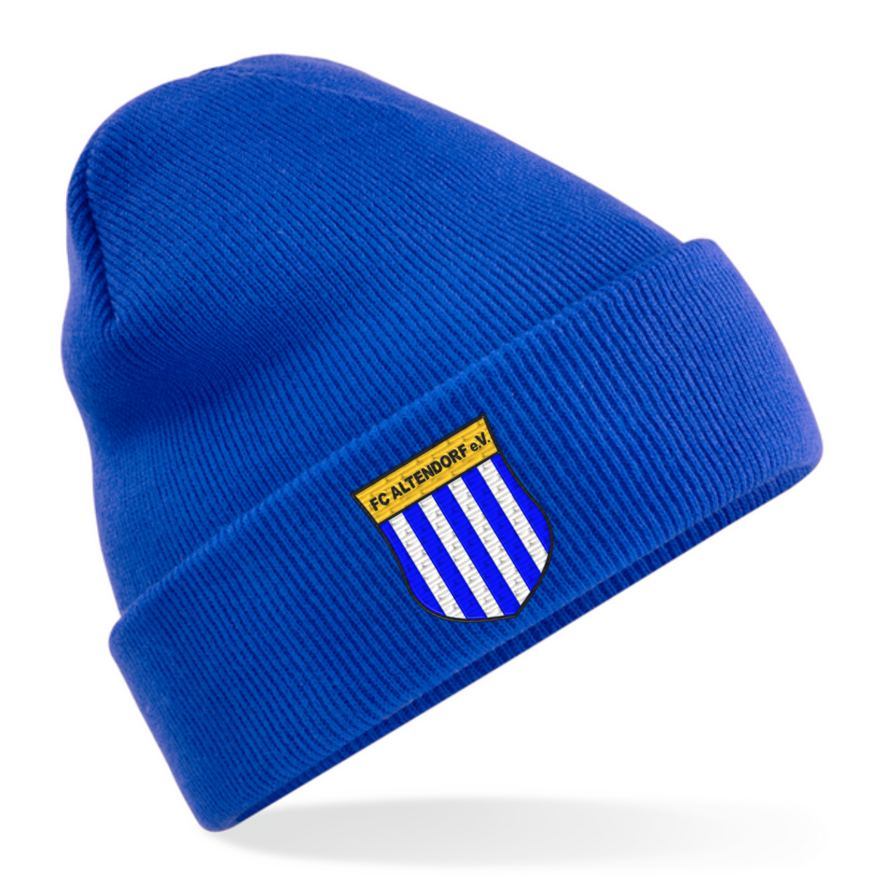 FC Altendorf Kindermütze Bright Royal Originalwappen parallel zum Krempenabschluss in Stickoptik