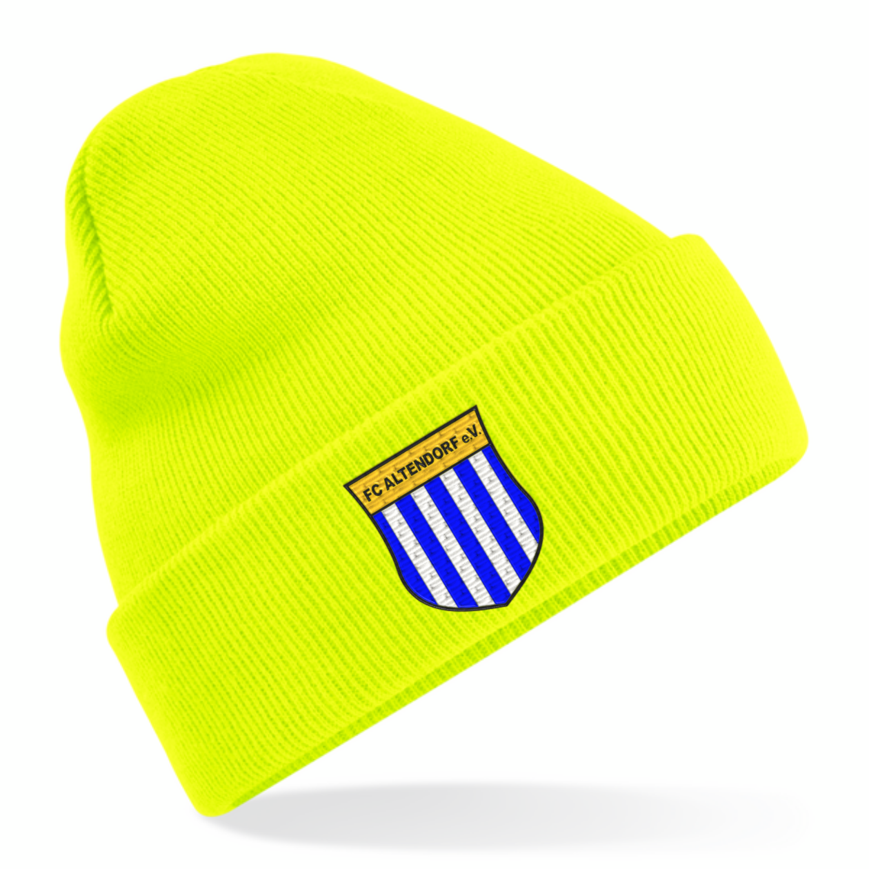 FC Altendorf Kindermütze Fluorescent Yellow Originalwappen parallel zum Krempenabschluss in Stickoptik