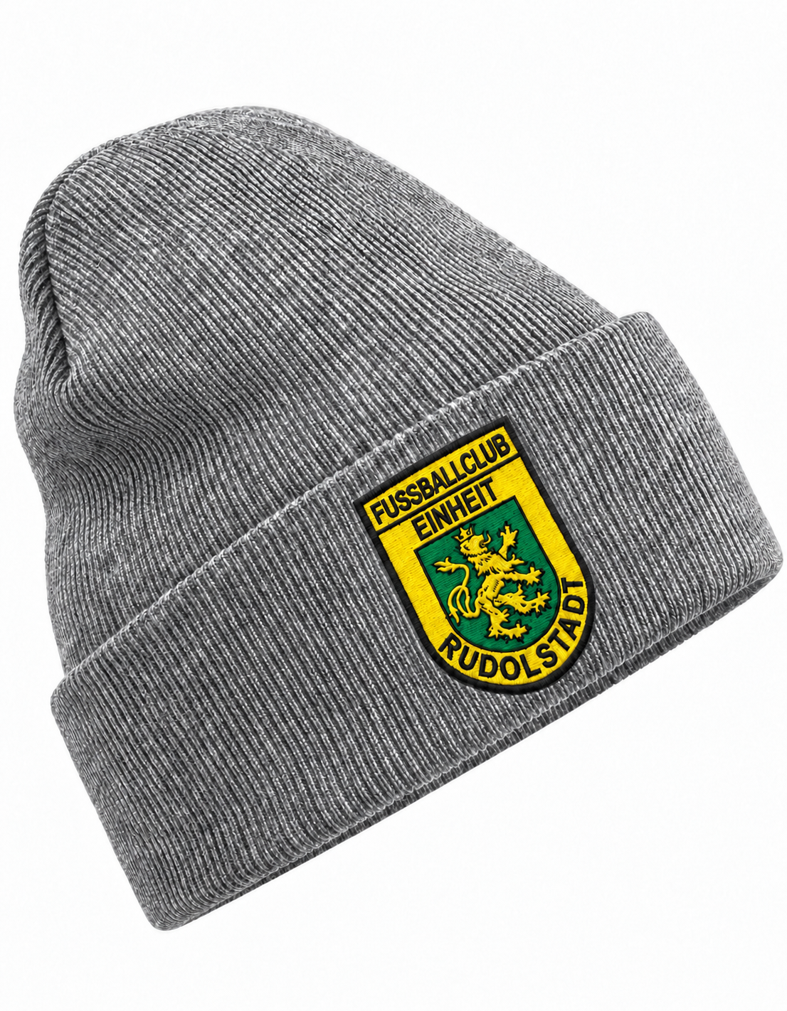 FC Einheit Rudolstadt Mütze Heather Grey – Wappen an Strickfasern ausgerichtet