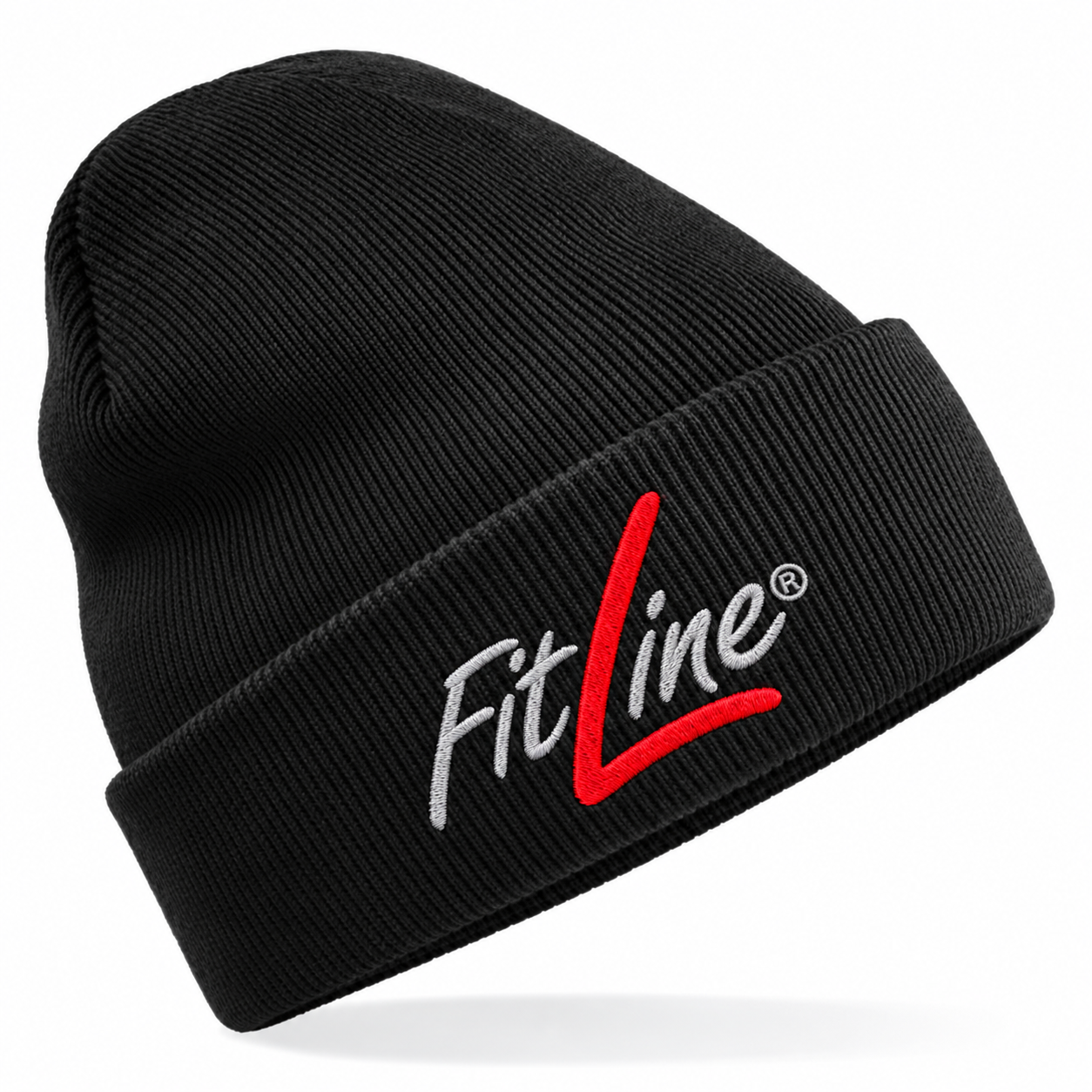 FitLine Mütze Black mit grauer Schrift und rotem L als Stickvorschau