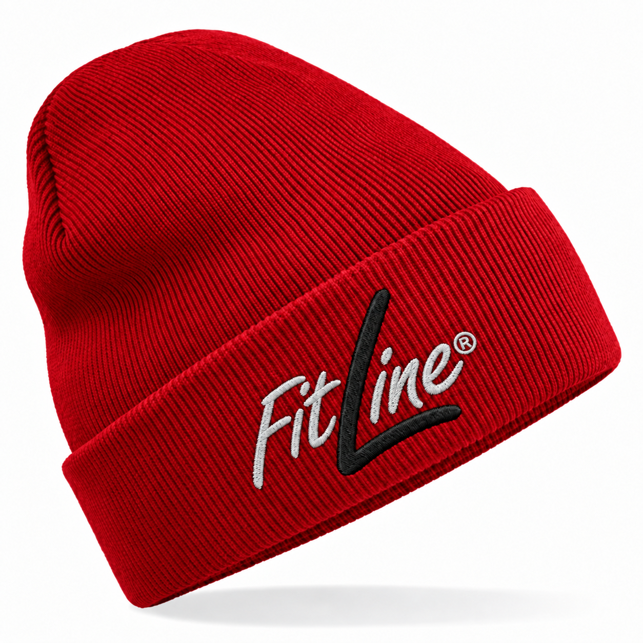 FitLine Mütze Classic Red mit grauer Schrift und schwarzem L als Stickvorschau