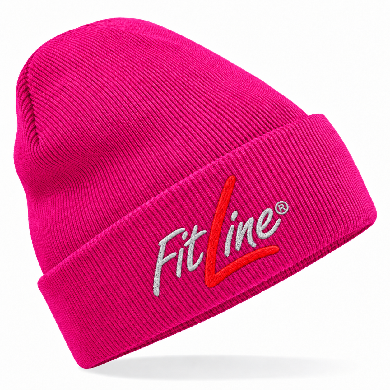 FitLine Mütze Fuchsia mit grauer Schrift und rotem L als Stickvorschau