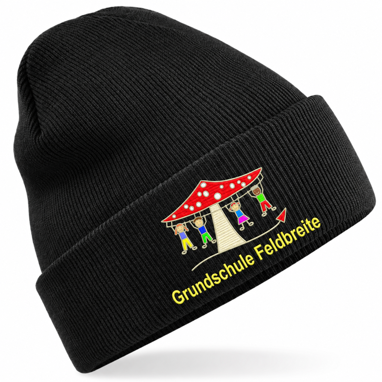 Grundschule Feldbreite Kindermütze Black – freigegebene Stickvorschau mit gelber Schrift