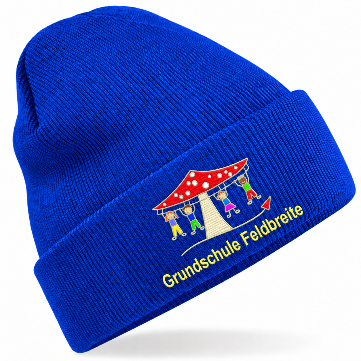 Grundschule Feldbreite Kindermütze Bright Royal – freigegebene Stickvorschau mit gelber Schrift