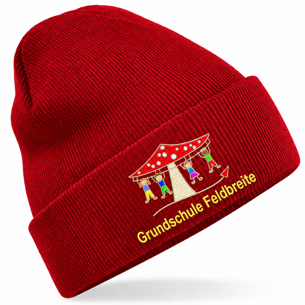 Grundschule Feldbreite Kindermütze Classic Red – freigegebene Stickvorschau mit gelber Schrift