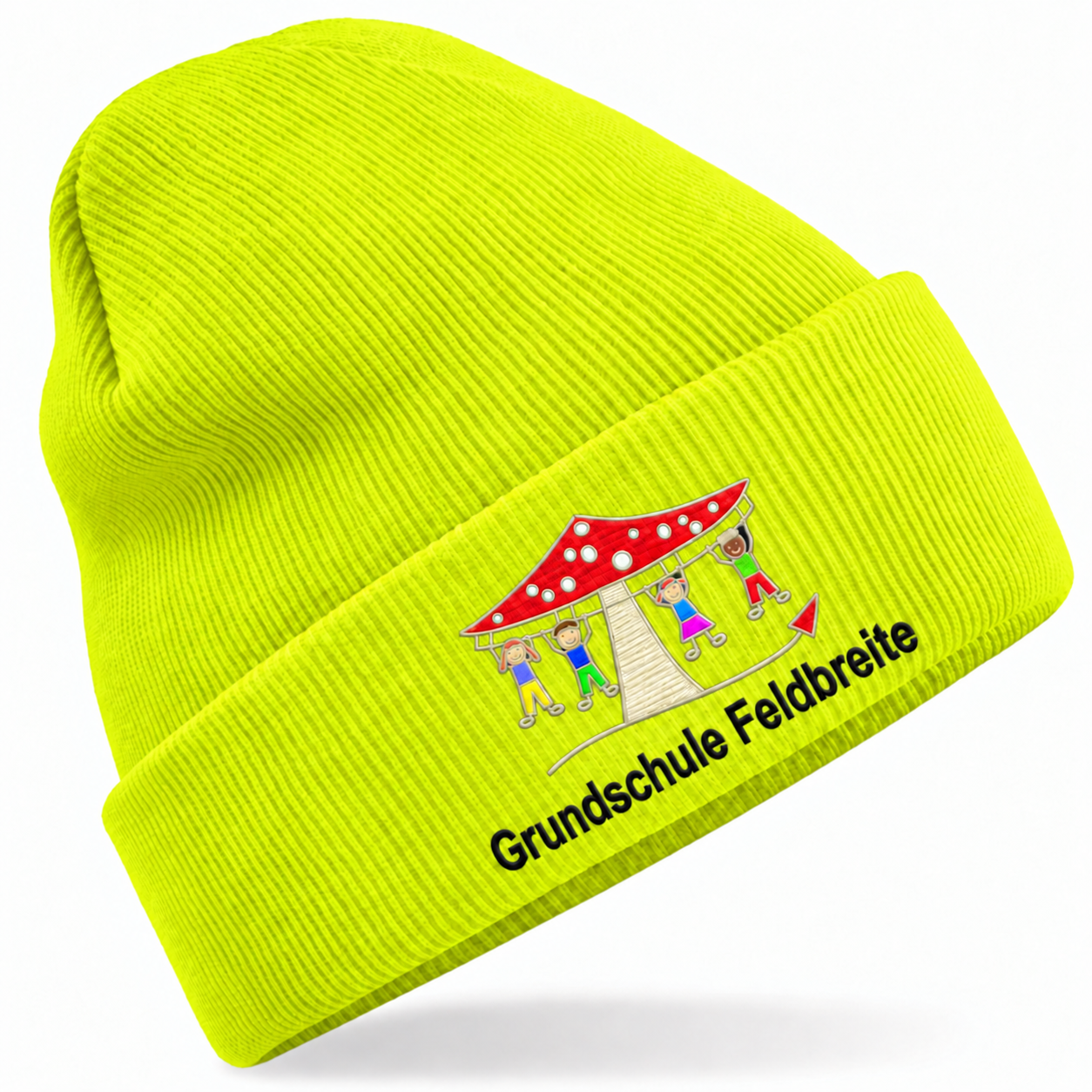 Grundschule Feldbreite Kindermütze Fluorescent Yellow – freigegebene Stickvorschau mit schwarzer Schrift