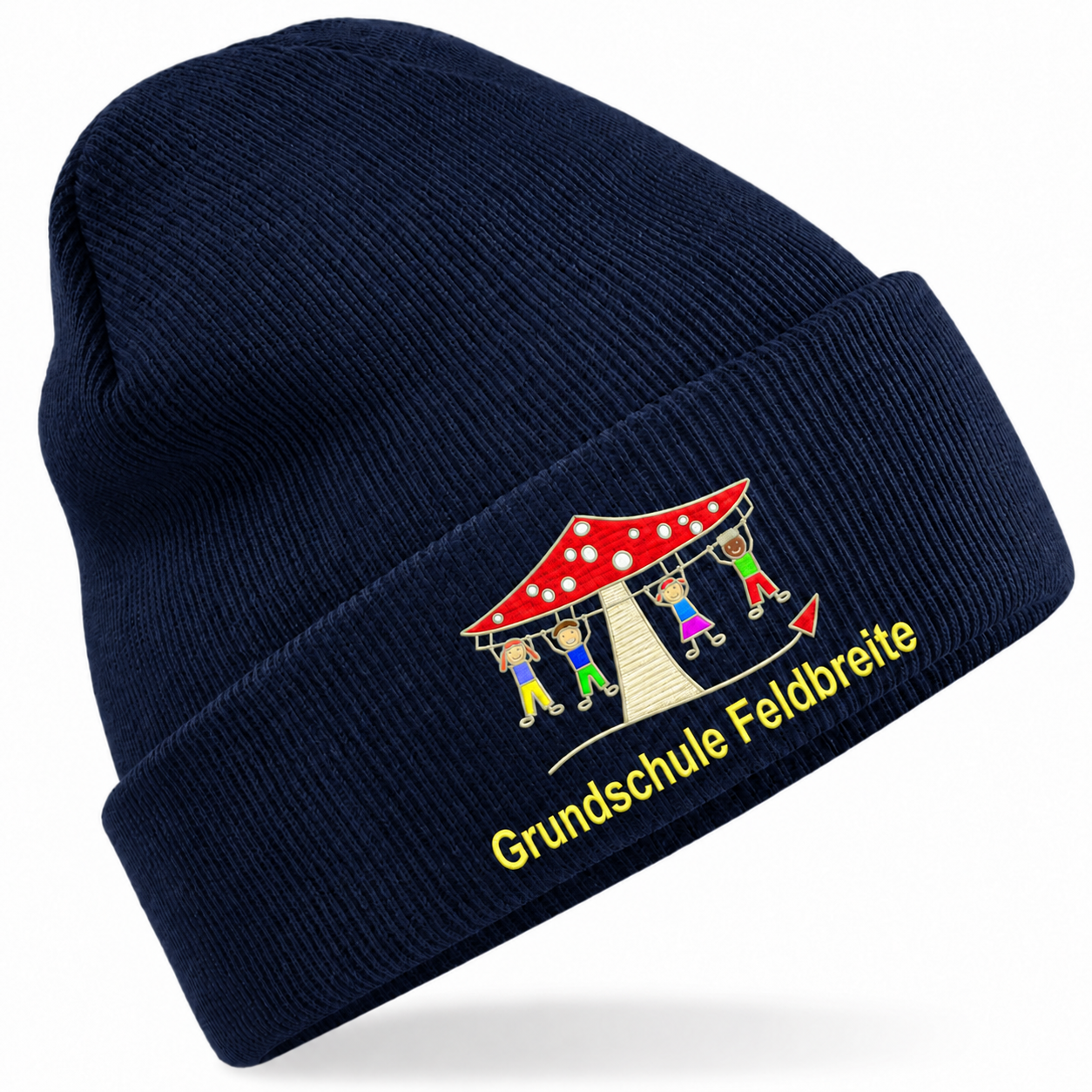 Grundschule Feldbreite Kindermütze French Navy – freigegebene Stickvorschau mit gelber Schrift