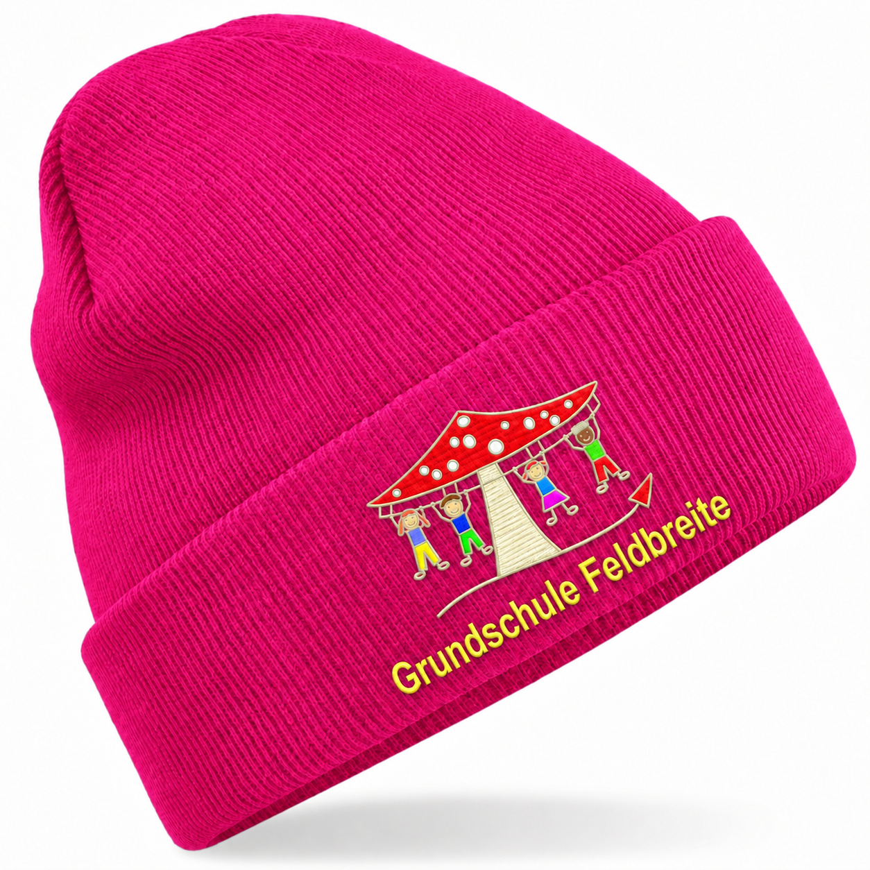 Grundschule Feldbreite Kindermütze Fuchsia – freigegebene Stickvorschau mit gelber Schrift