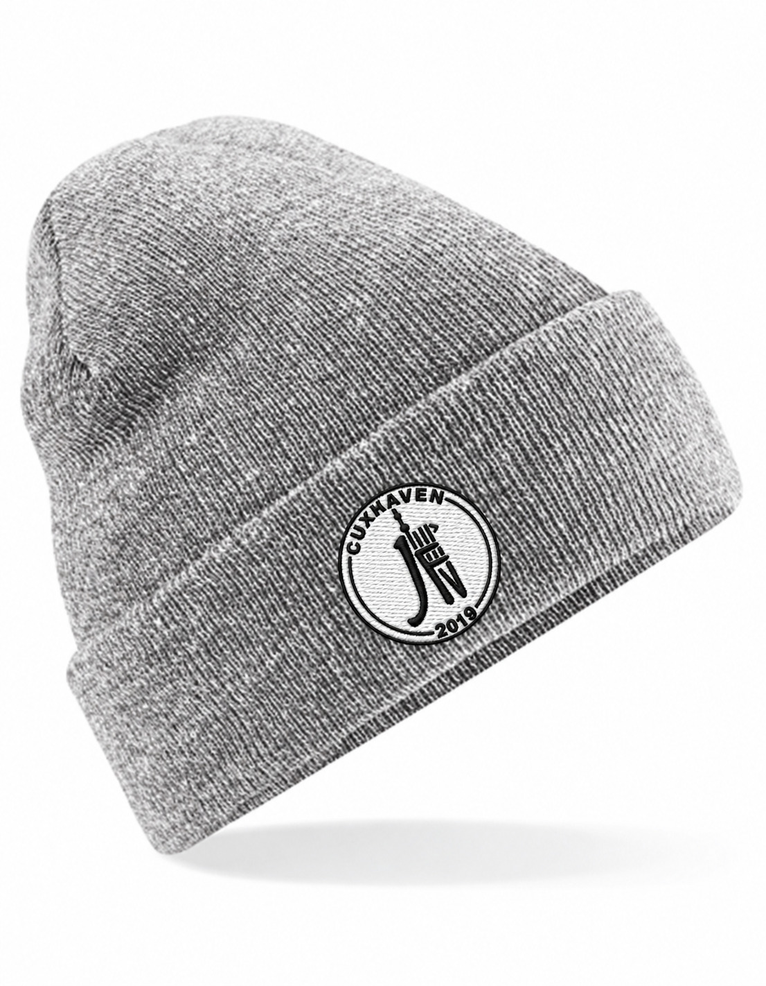 JFV Cuxhaven Mütze in Heather Grey mit schwarzem Emblem und weißer Füllstickerei in plastischer Stickoptik