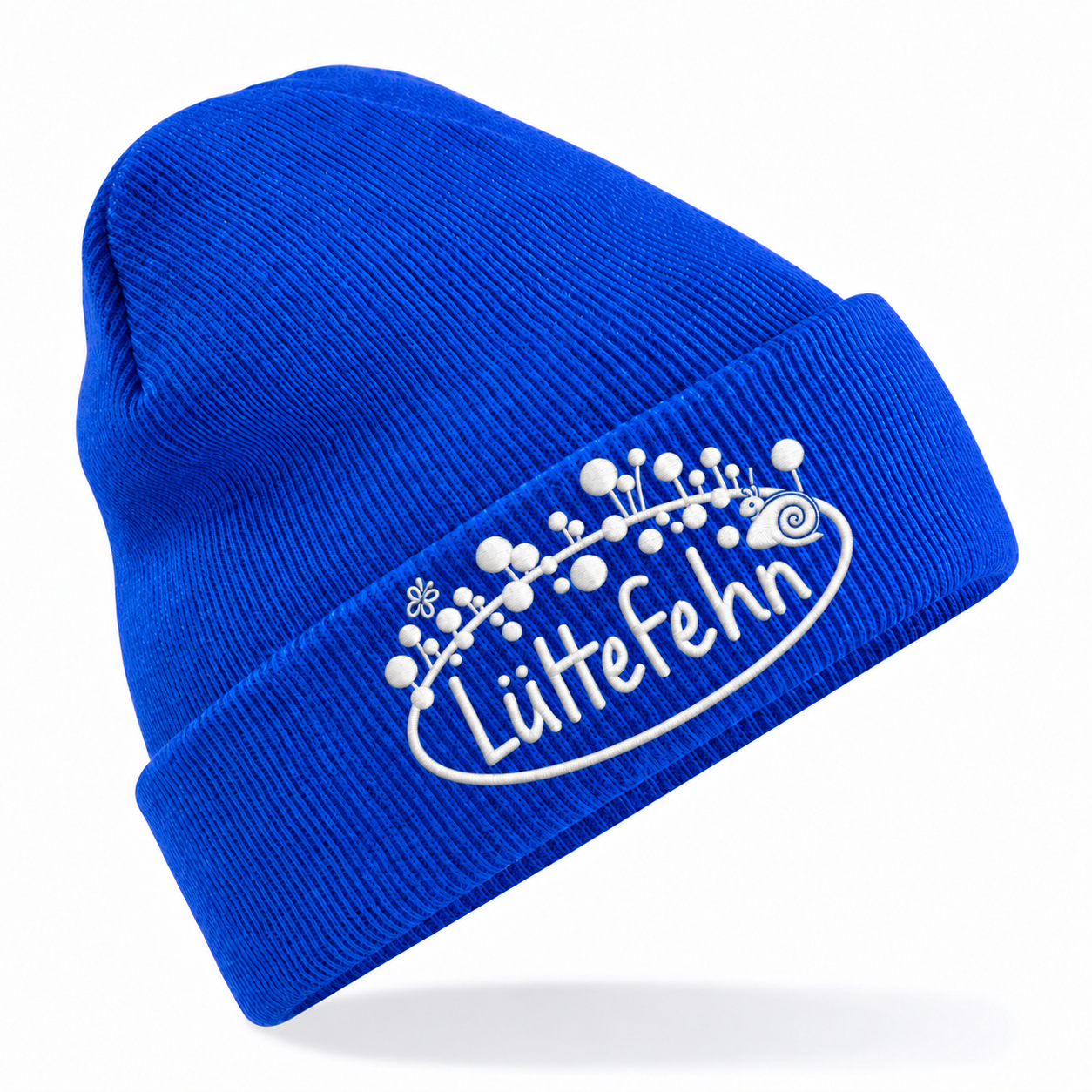 Kita Lüttefehn Kindermütze Bright Royal mit weißem Logo – einheitliche Ausrichtung