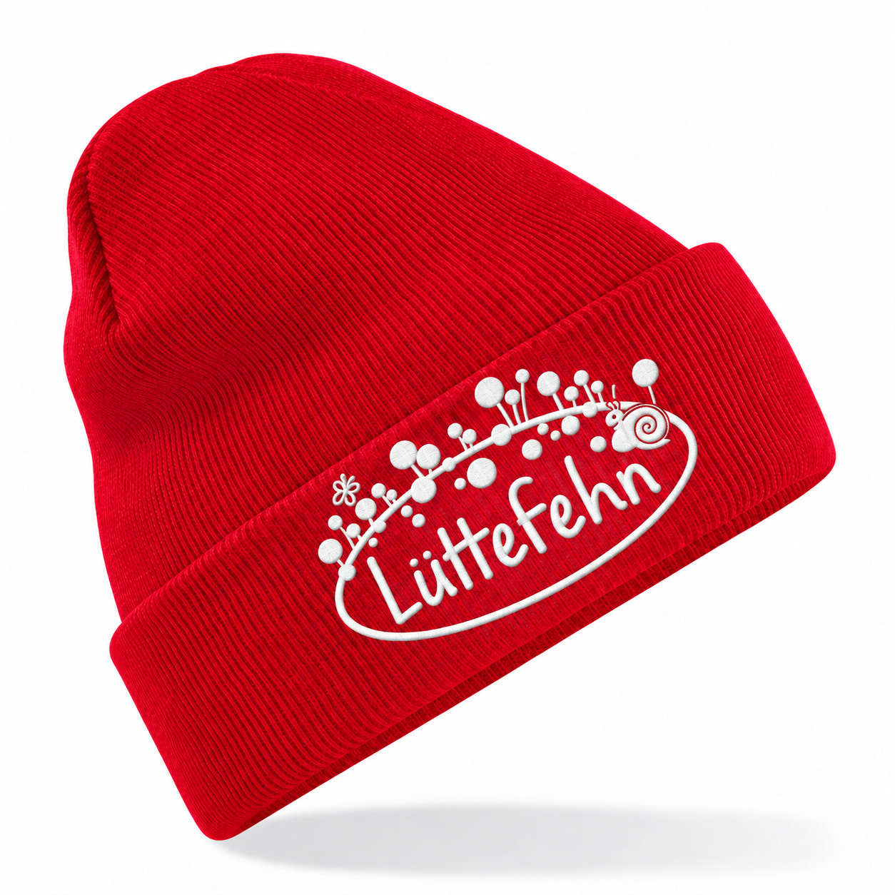 Kita Lüttefehn Kindermütze Classic Red mit weißem Logo – einheitliche Ausrichtung