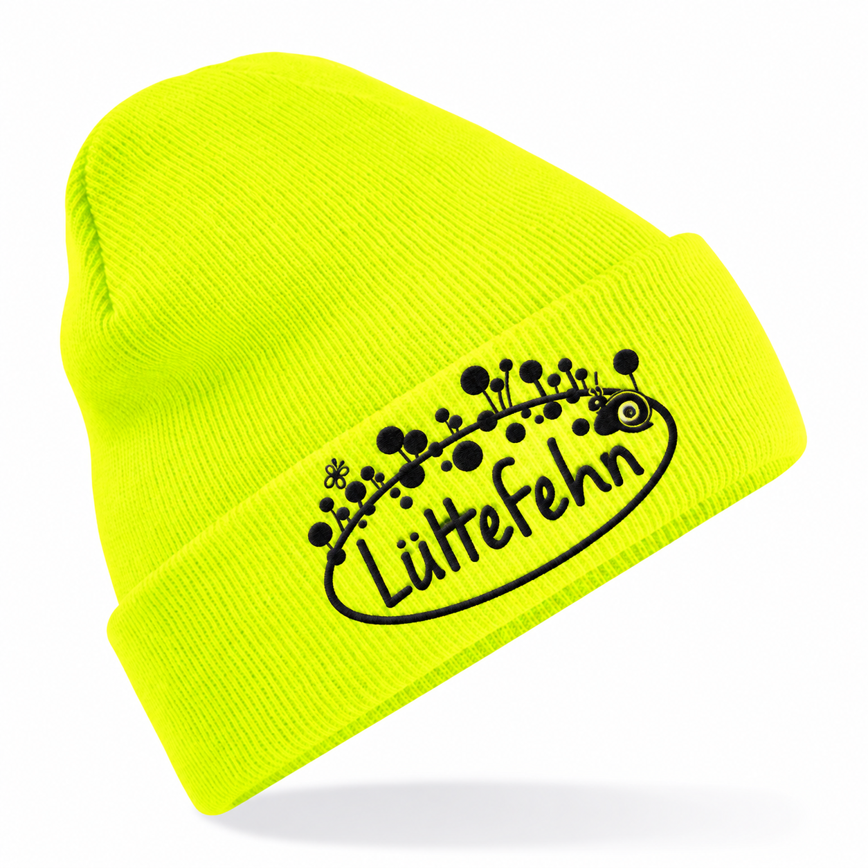 Kita Lüttefehn Kindermütze in Fluorescent Yellow mit schwarzem Sticklogo
