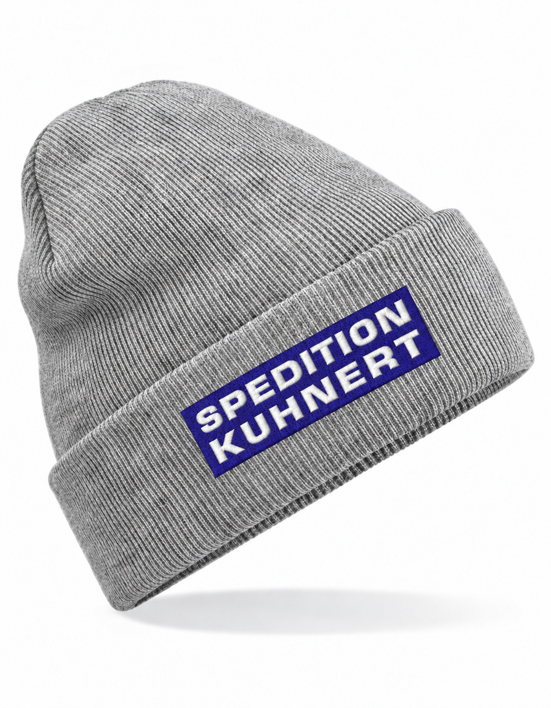 Spedition Kuhnert Mütze Heather Grey – weiße Logostickerei auf blauem Feld