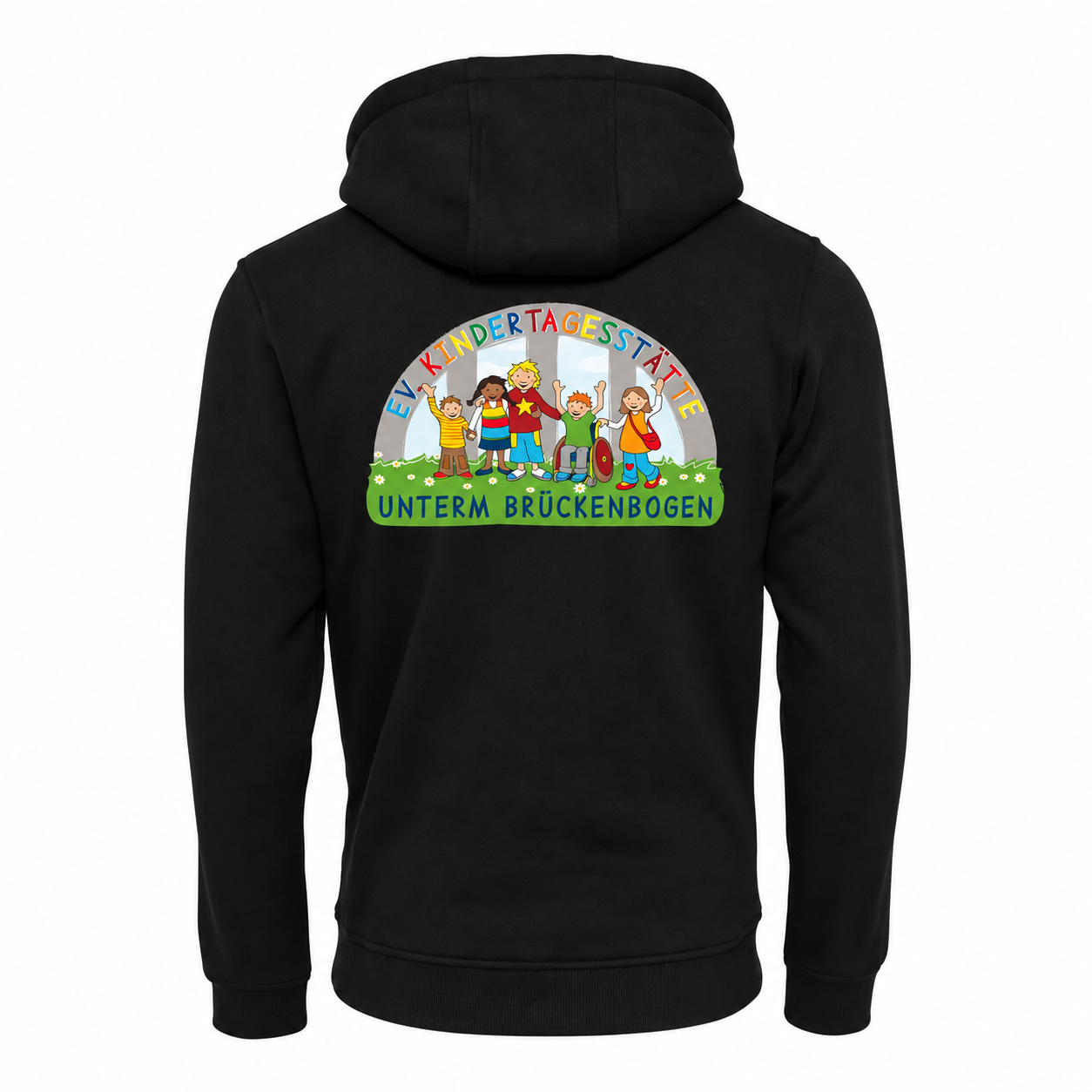 Premiumhoody Kita unter dem Brückenbogen – Black – Rückseite mit DTF-Logo