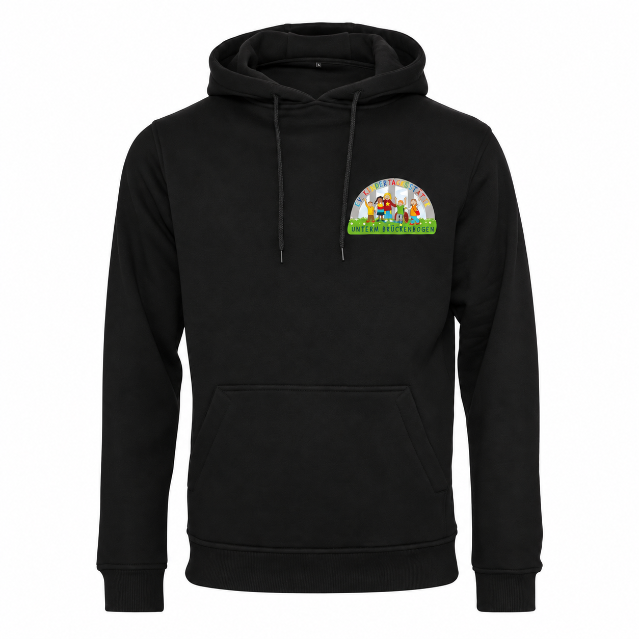 Premiumhoody Kita unter dem Brückenbogen – Black – Vorderseite mit DTF-Logo