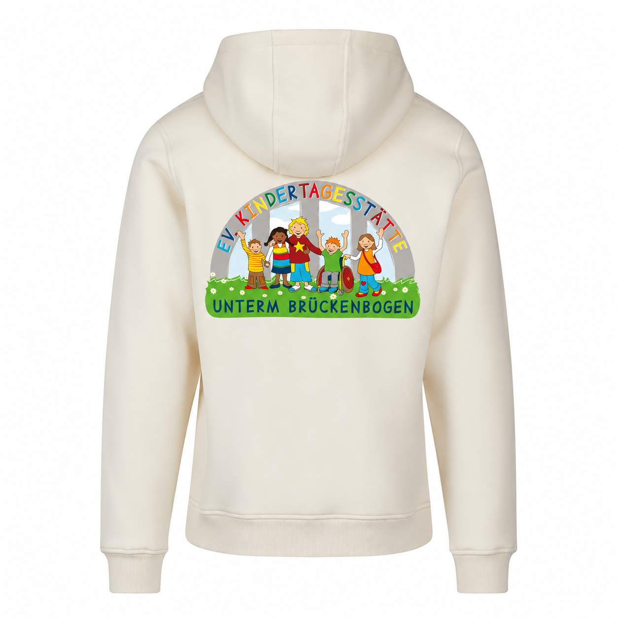 Premiumhoody Kita unter dem Brückenbogen – White Sand – Rückseite mit DTF-Logo