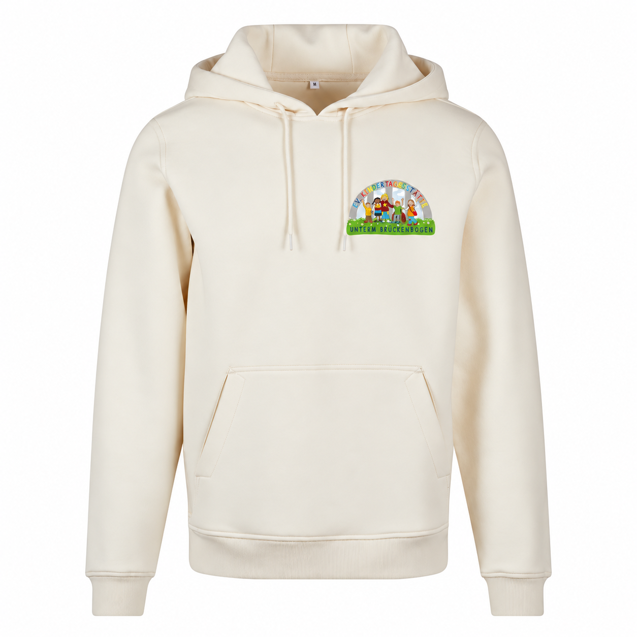 Premiumhoody Kita unter dem Brückenbogen – White Sand – Vorderseite mit DTF-Logo